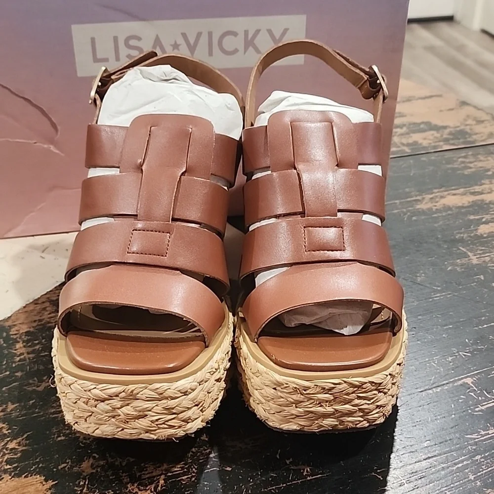 Lisa Vicky Nordstrom Shoes Just-V Cognac Leather Strappy Platform Women Size 9.5